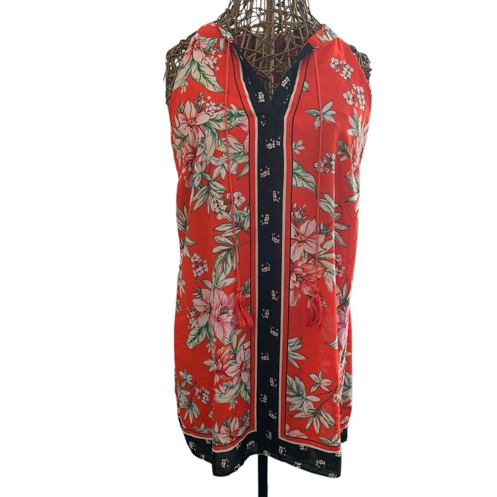 Fig and Flower Red Floral Sleeveless V-Neck Dress with Tassel Ties Size Medium